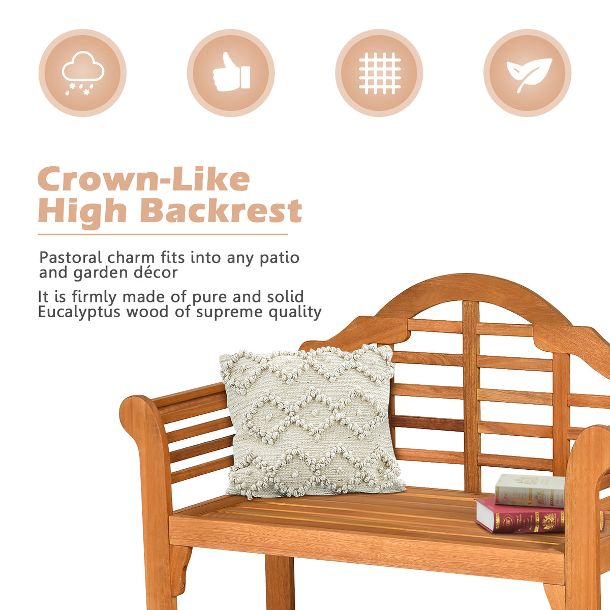 49 Inch Eucalyptus Wood Outdoor Folding Bench with Backrest Armrest