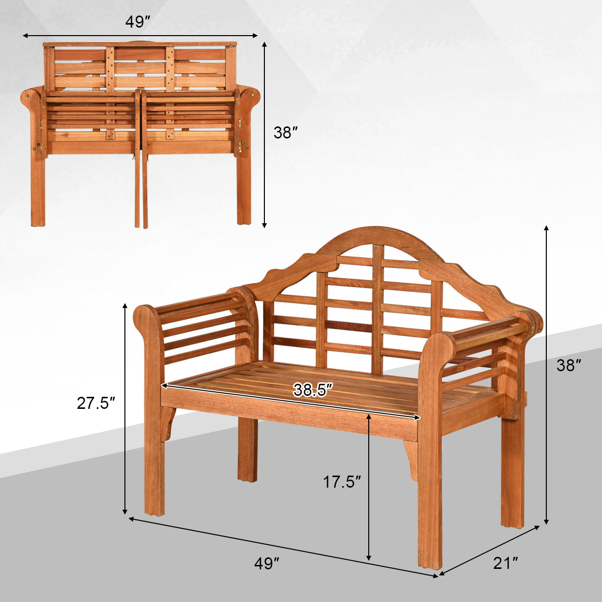 49 Inch Eucalyptus Wood Outdoor Folding Bench with Backrest Armrest