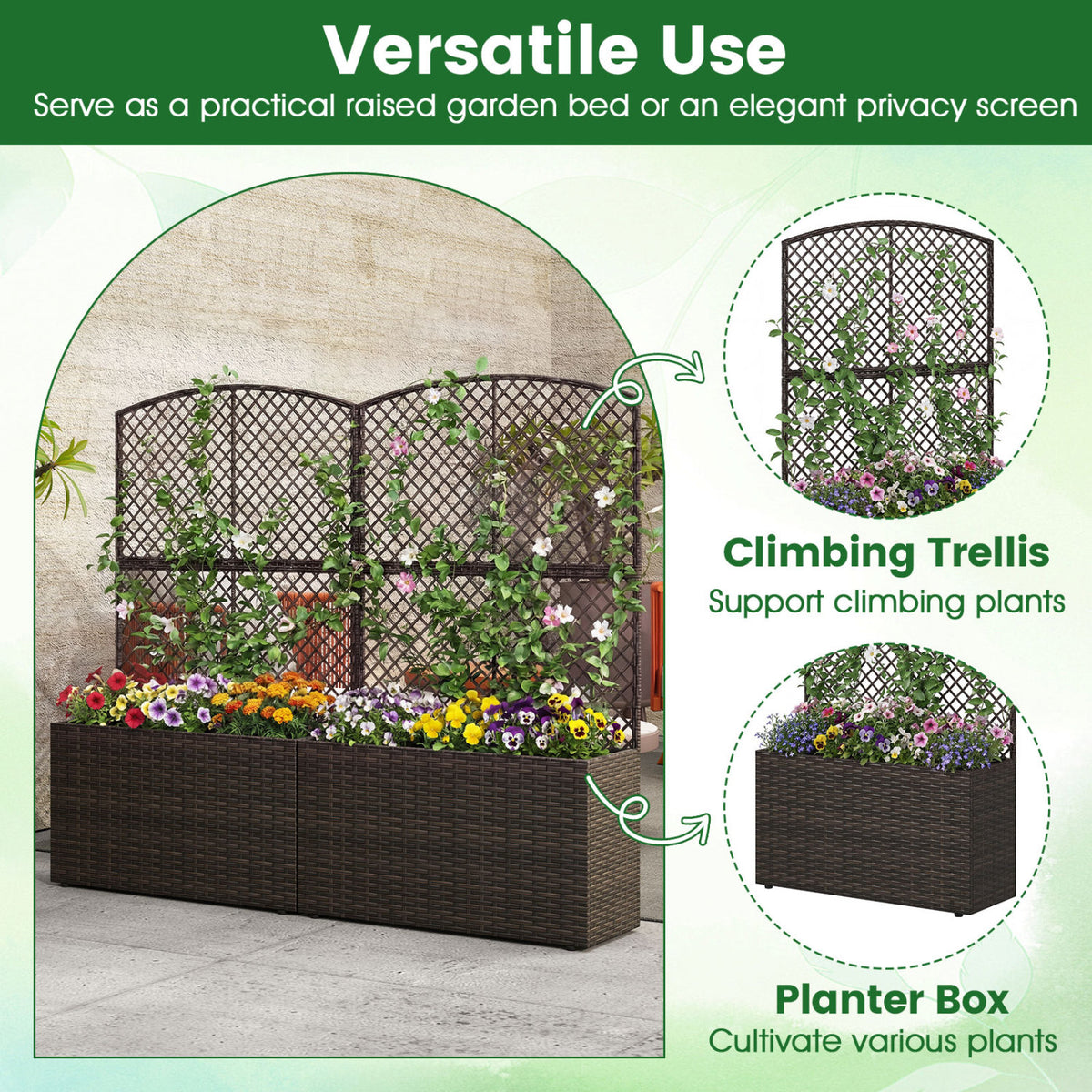 49 Inch Raised Garden Bed with Trellis and Wicker Planter Box