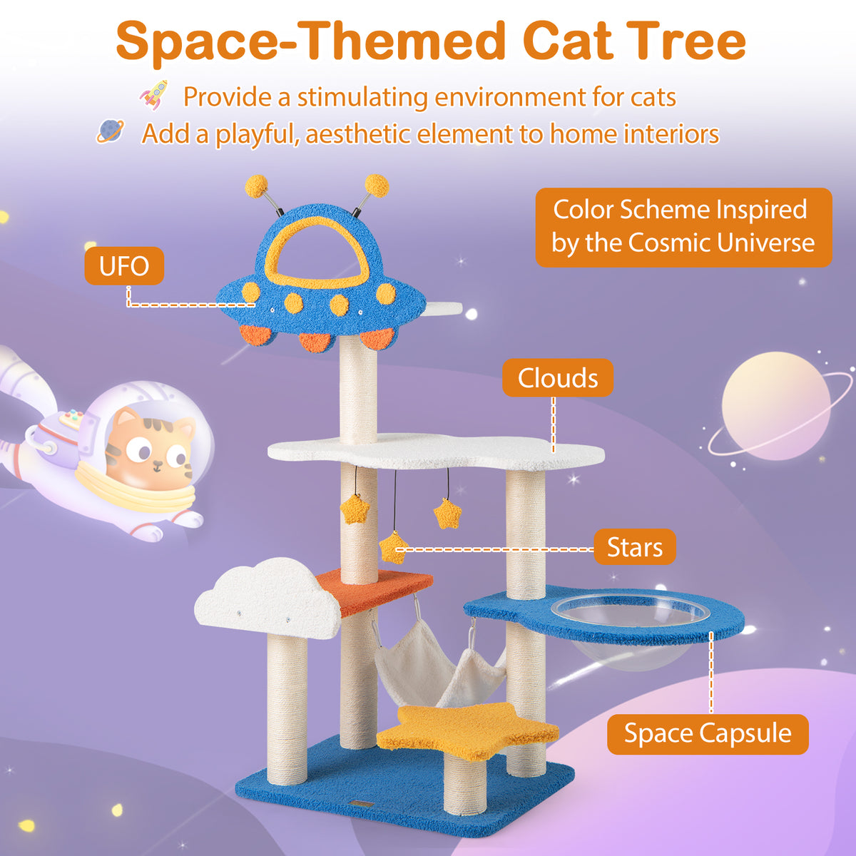 49 Inch Cat Tree with UFO Top Perch, Space Capsule & Sisalg Posts - Blue