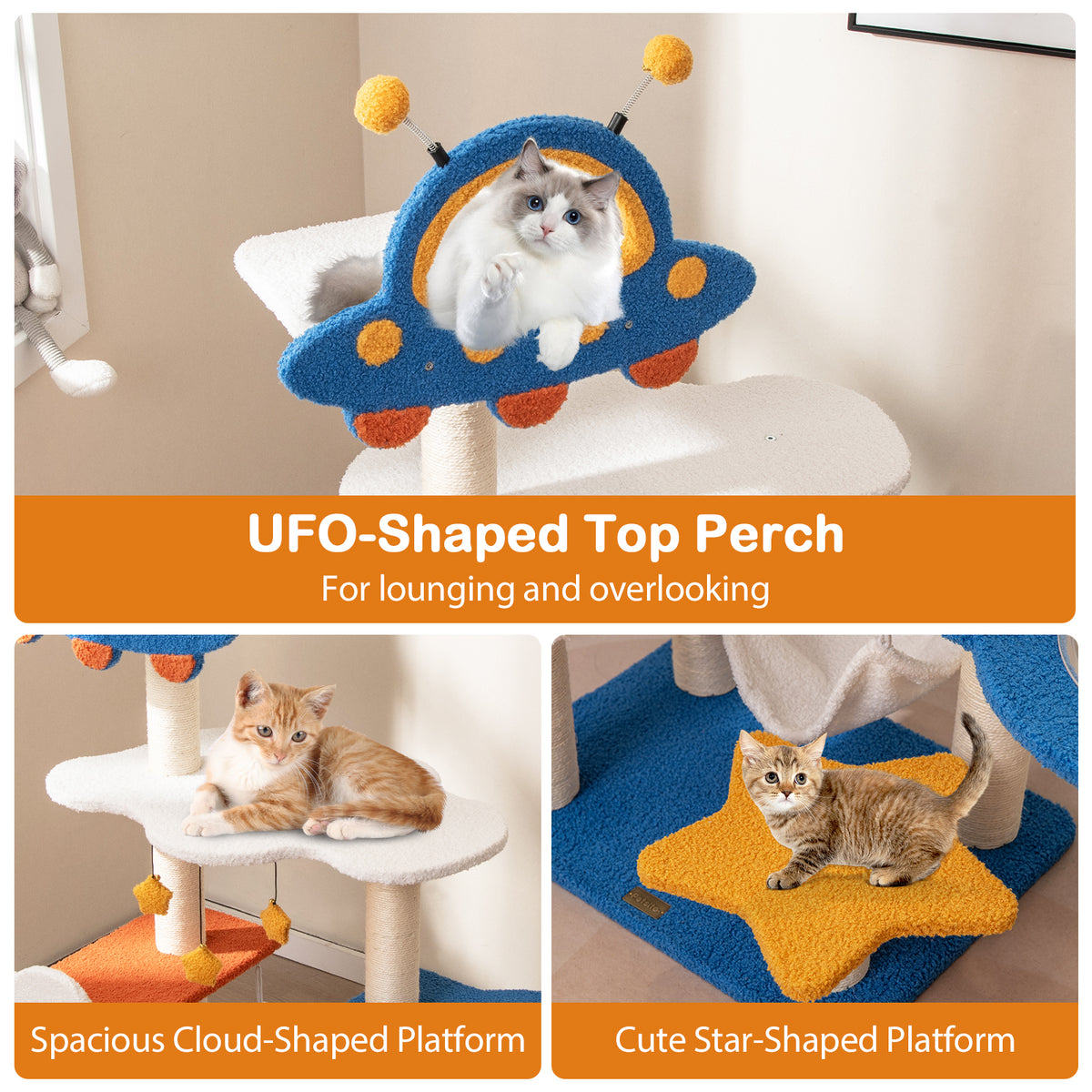49 Inch Cat Tree with UFO Top Perch, Space Capsule & Sisalg Posts - Blue