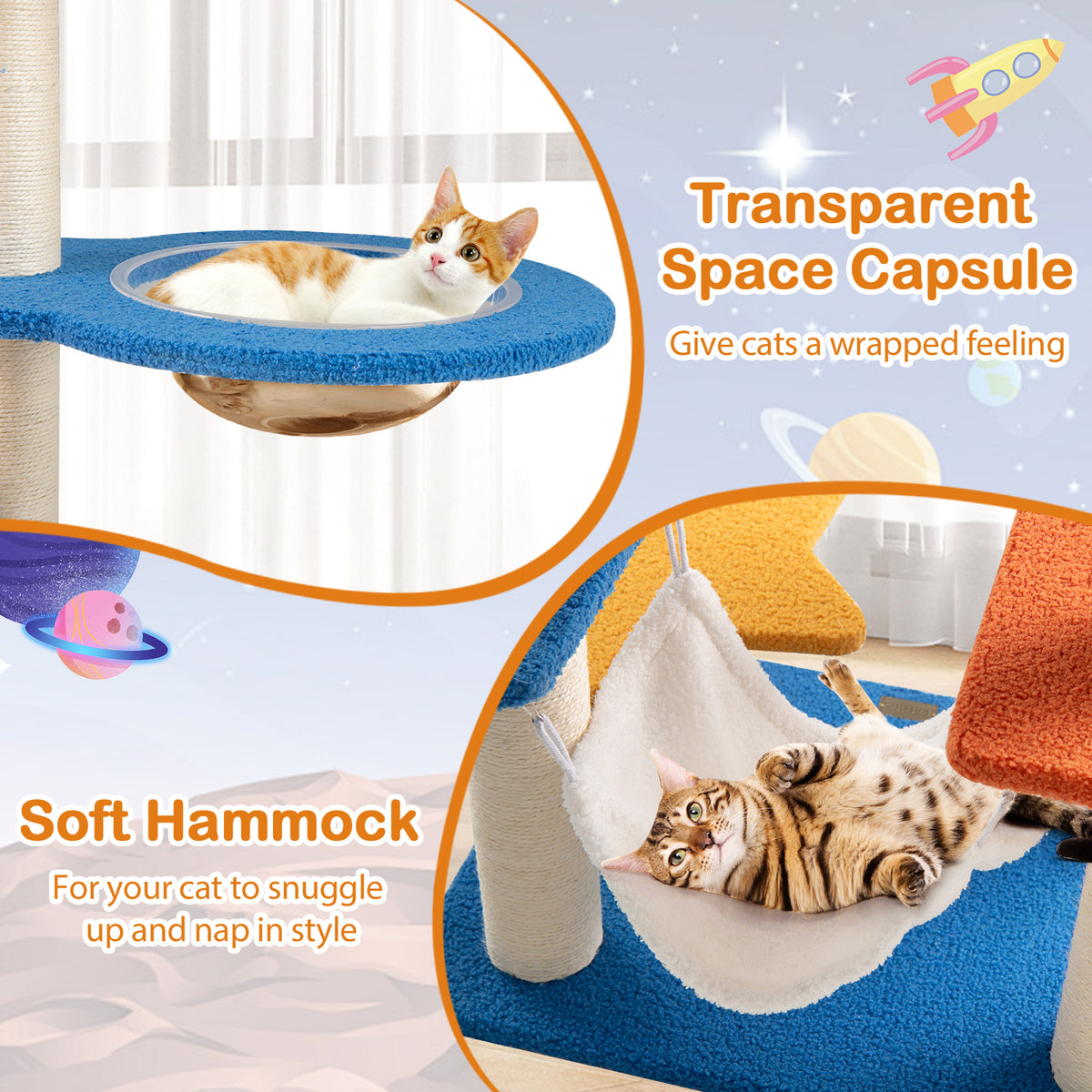 49 Inch Cat Tree with UFO Top Perch, Space Capsule & Sisalg Posts - Blue