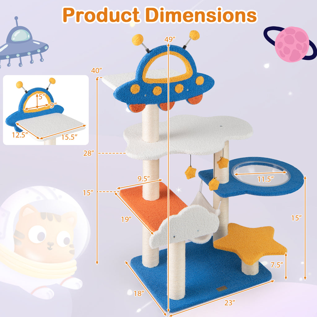 49 Inch Cat Tree with UFO Top Perch, Space Capsule & Sisalg Posts - Blue