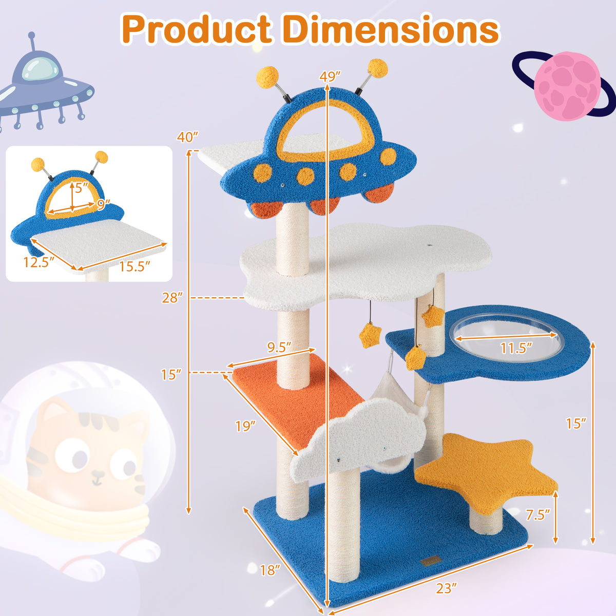 49 Inch Cat Tree with UFO Top Perch, Space Capsule & Sisalg Posts - Blue