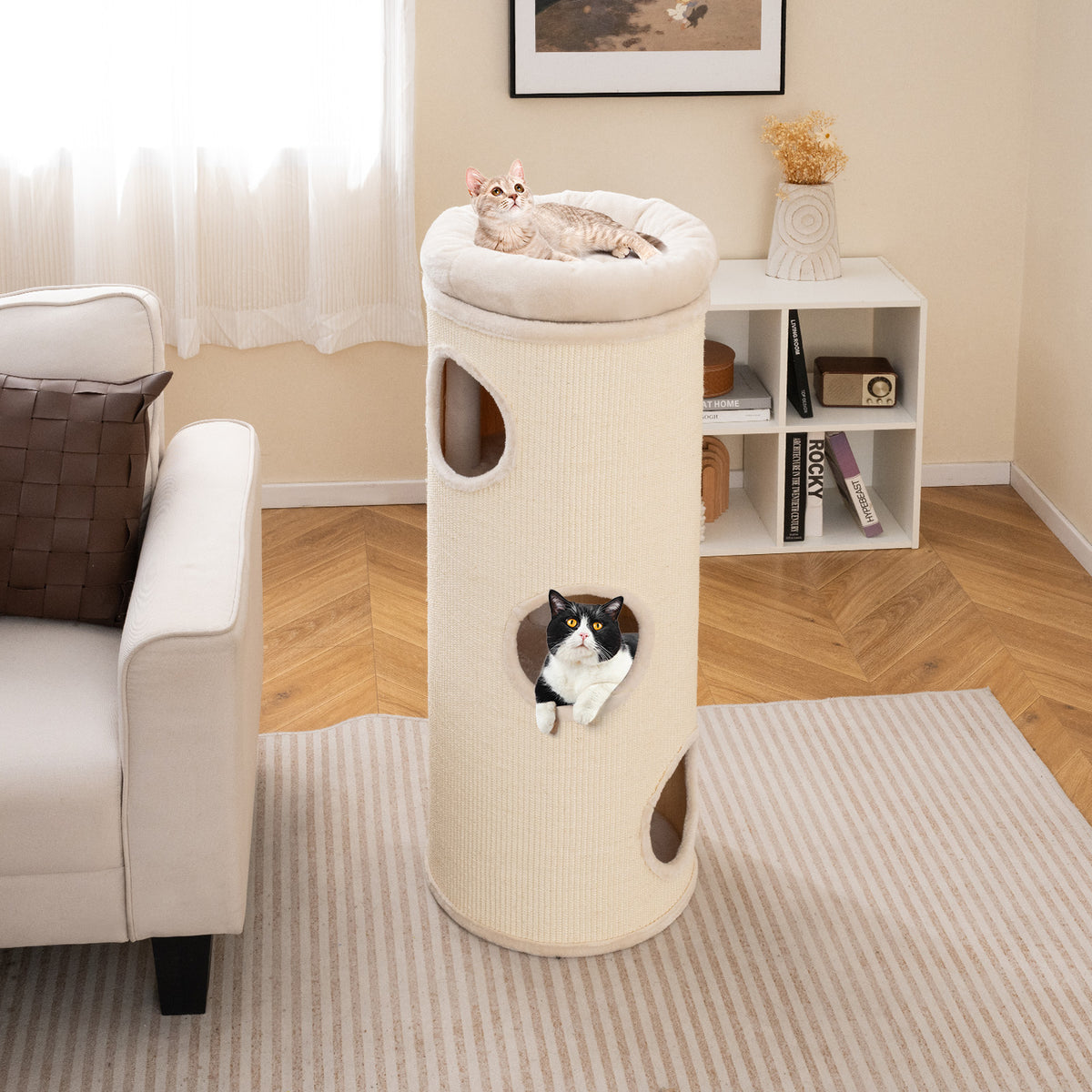 Elevated 49 Inch Multi-Story Cat Cave House - Beige, Removable Cover & Scratching Board