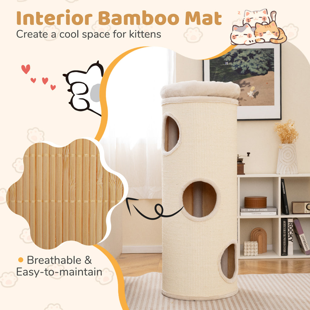 Elevated 49 Inch Multi-Story Cat Cave House - Beige, Removable Cover & Scratching Board