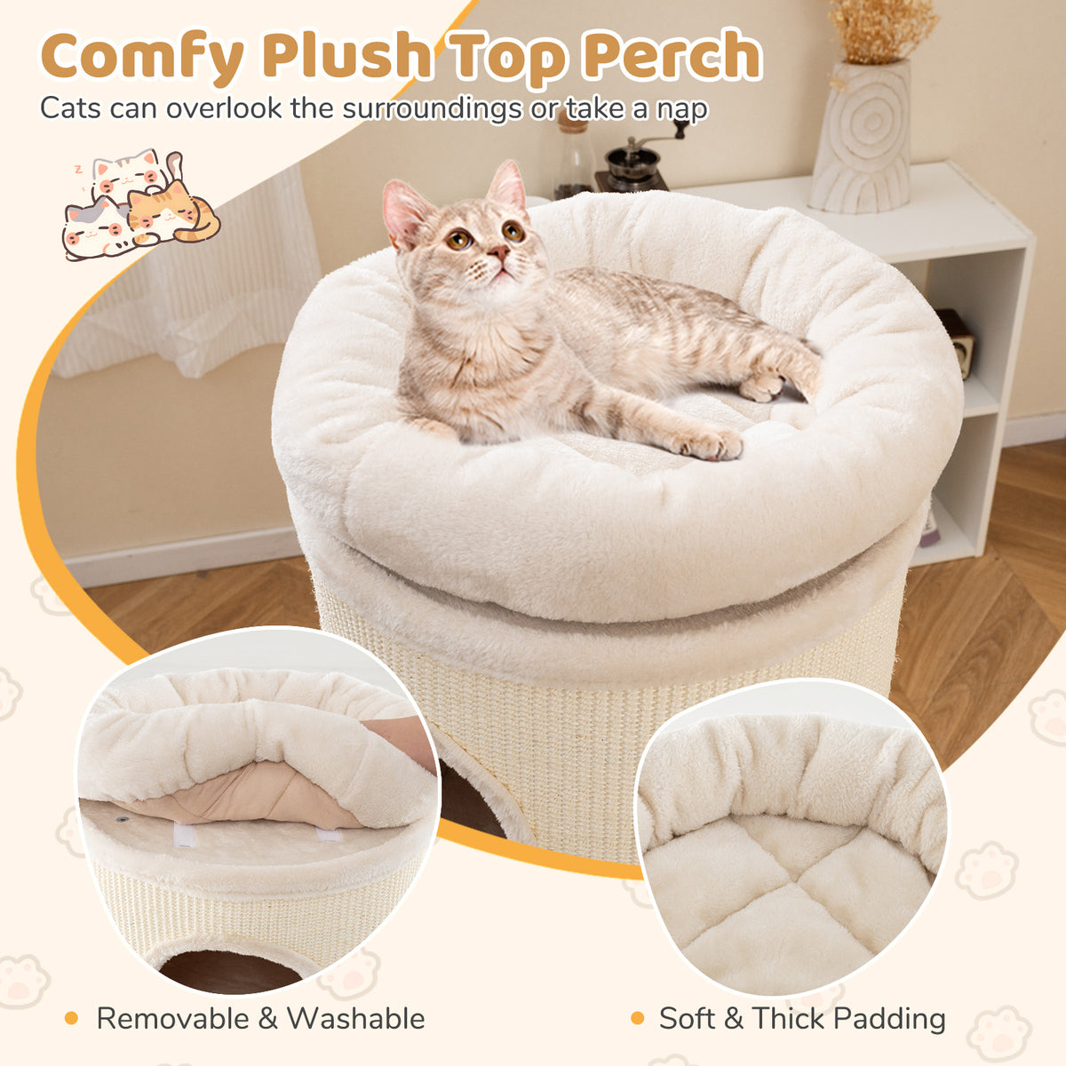 Elevated 49 Inch Multi-Story Cat Cave House - Beige, Removable Cover & Scratching Board