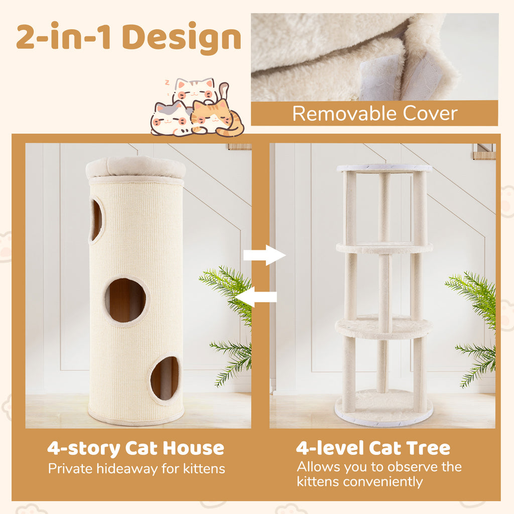 Elevated 49 Inch Multi-Story Cat Cave House - Beige, Removable Cover & Scratching Board