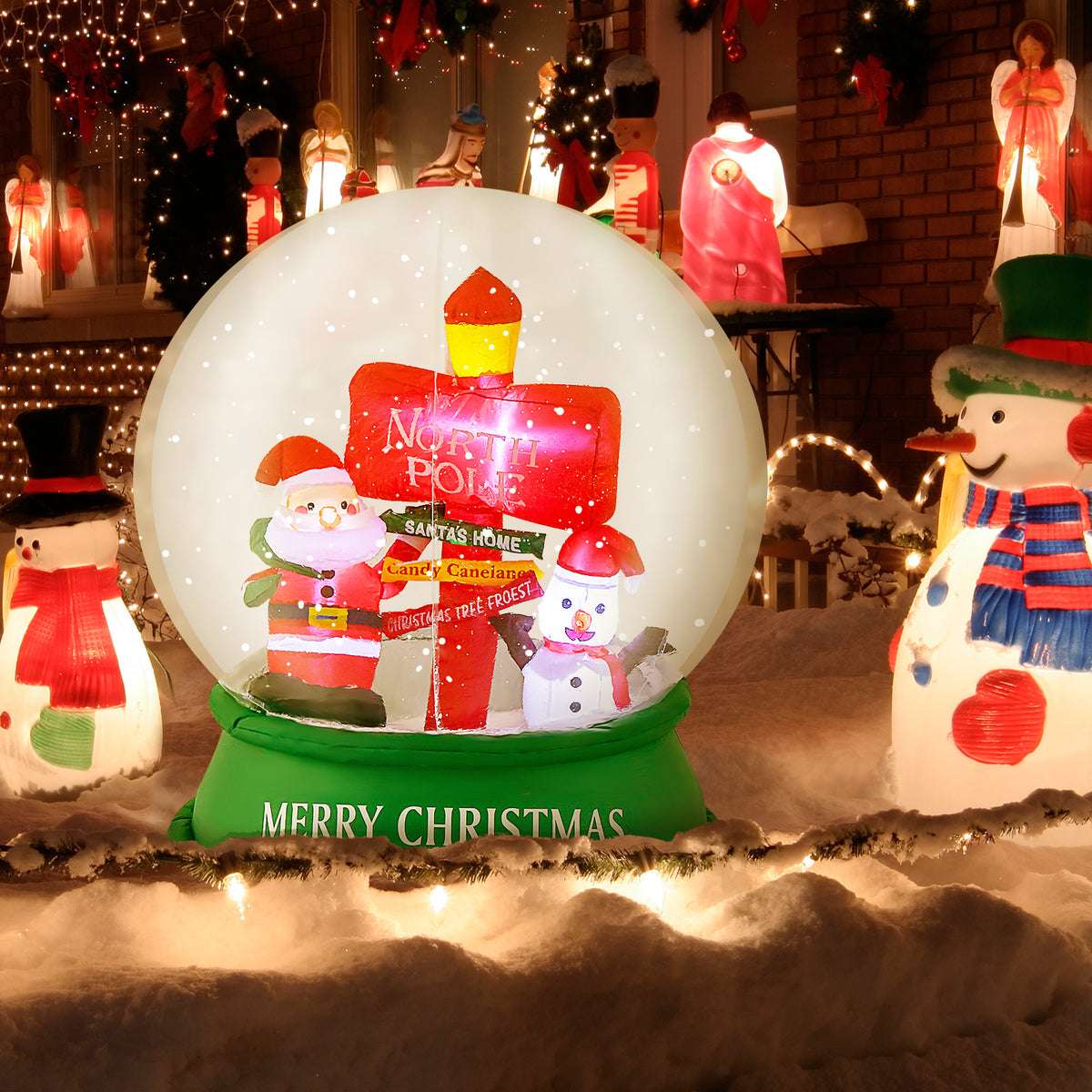 Christmas Inflatable Snow Globe with Santa Snowman & Road Sign - Snowing Santa Variation