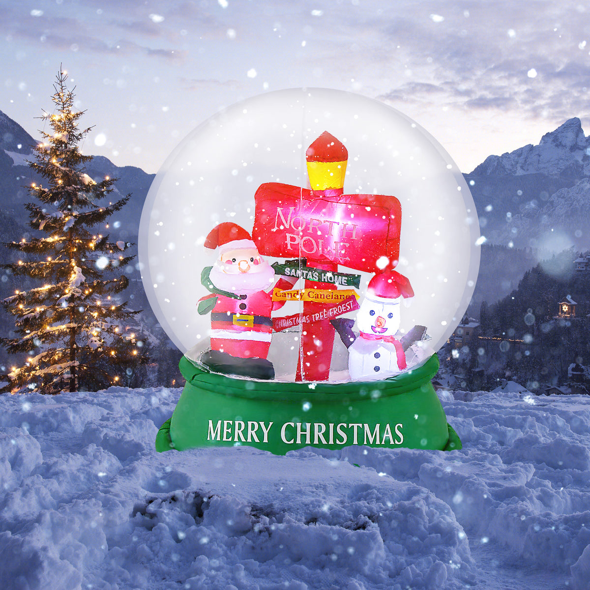 Christmas Inflatable Snow Globe with Santa Snowman & Road Sign - Snowing Santa Variation
