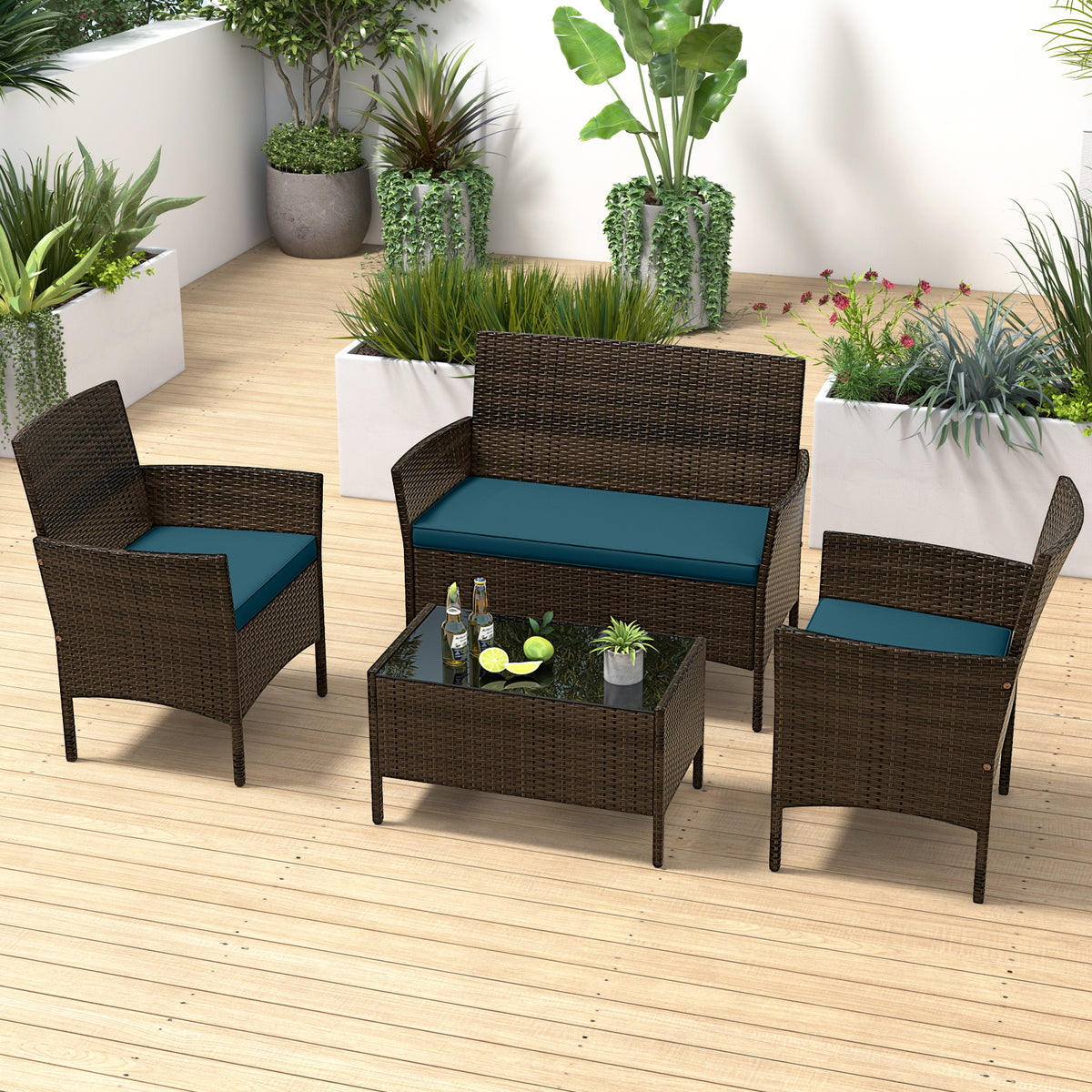 4 Piece Patio Rattan Conversation Set with Cozy Seat Cushions