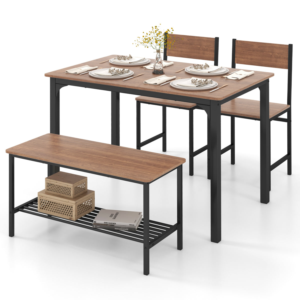 4-Piece Dining Table Set with 2 Chairs & Bench, Gray