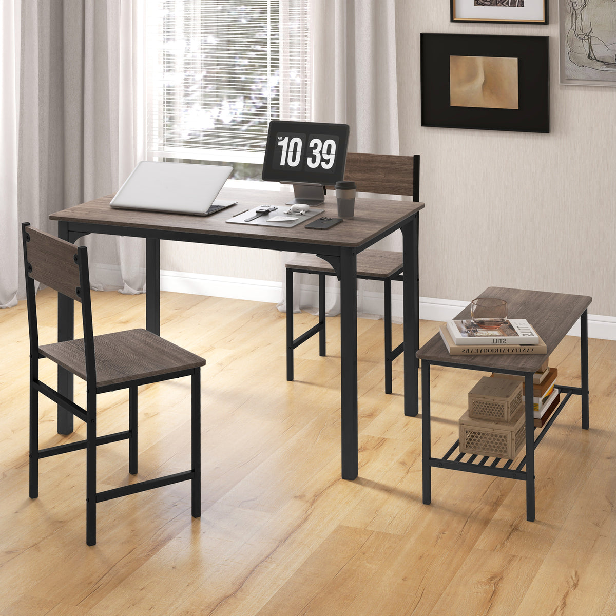 4-Piece Dining Table Set with 2 Chairs & Bench, Gray