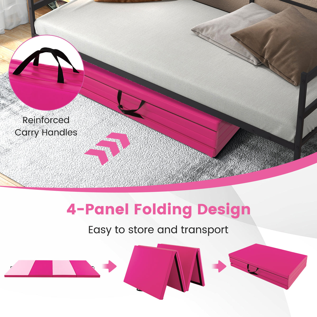 Pink 10x4ft Folding Exercise Mat with Carrying Handles - PU Leather, High-Density Foam