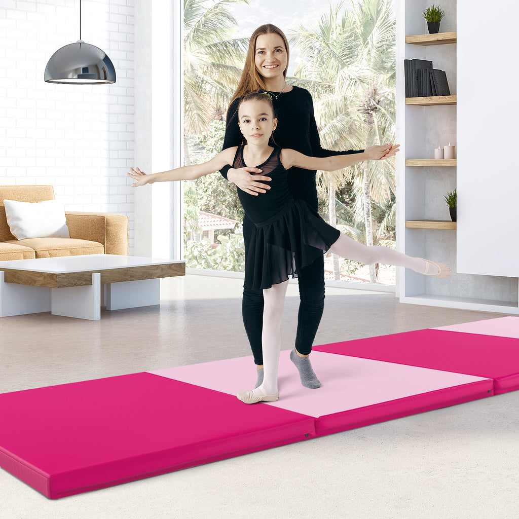Pink 10x4ft Folding Exercise Mat with Carrying Handles - PU Leather, High-Density Foam