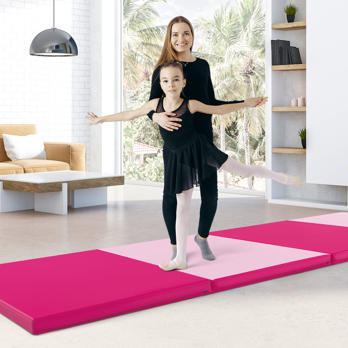 Pink 10x4ft Folding Exercise Mat with Carrying Handles - PU Leather, High-Density Foam