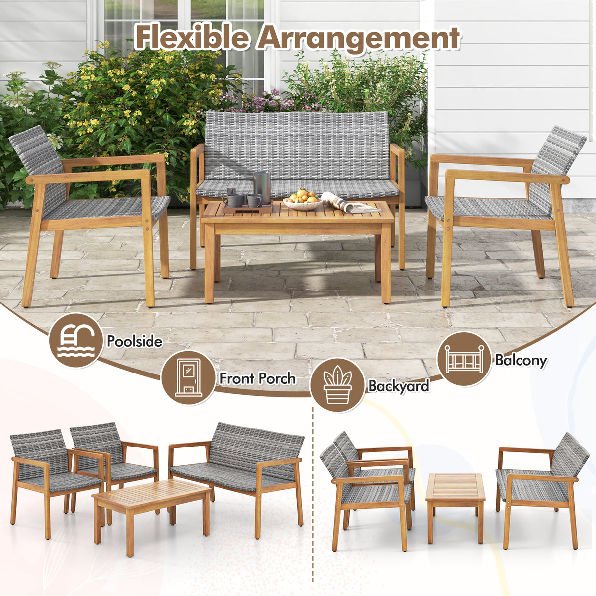 4-Piece Patio Furniture Set with Loveseat Single Chairs and Coffee