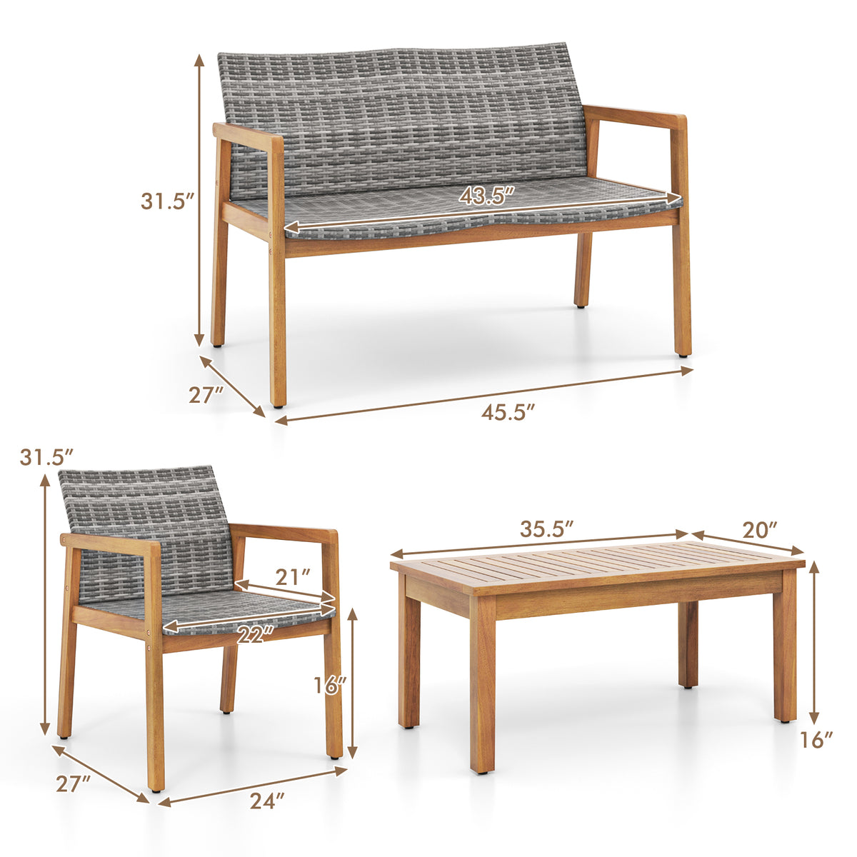 4-Piece Patio Furniture Set with Loveseat Single Chairs and Coffee