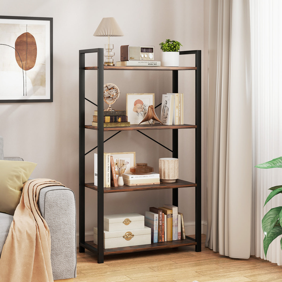 4-Tier Industrial Bookshelf with Metal Frame, 47 Inch - Rustic Brown