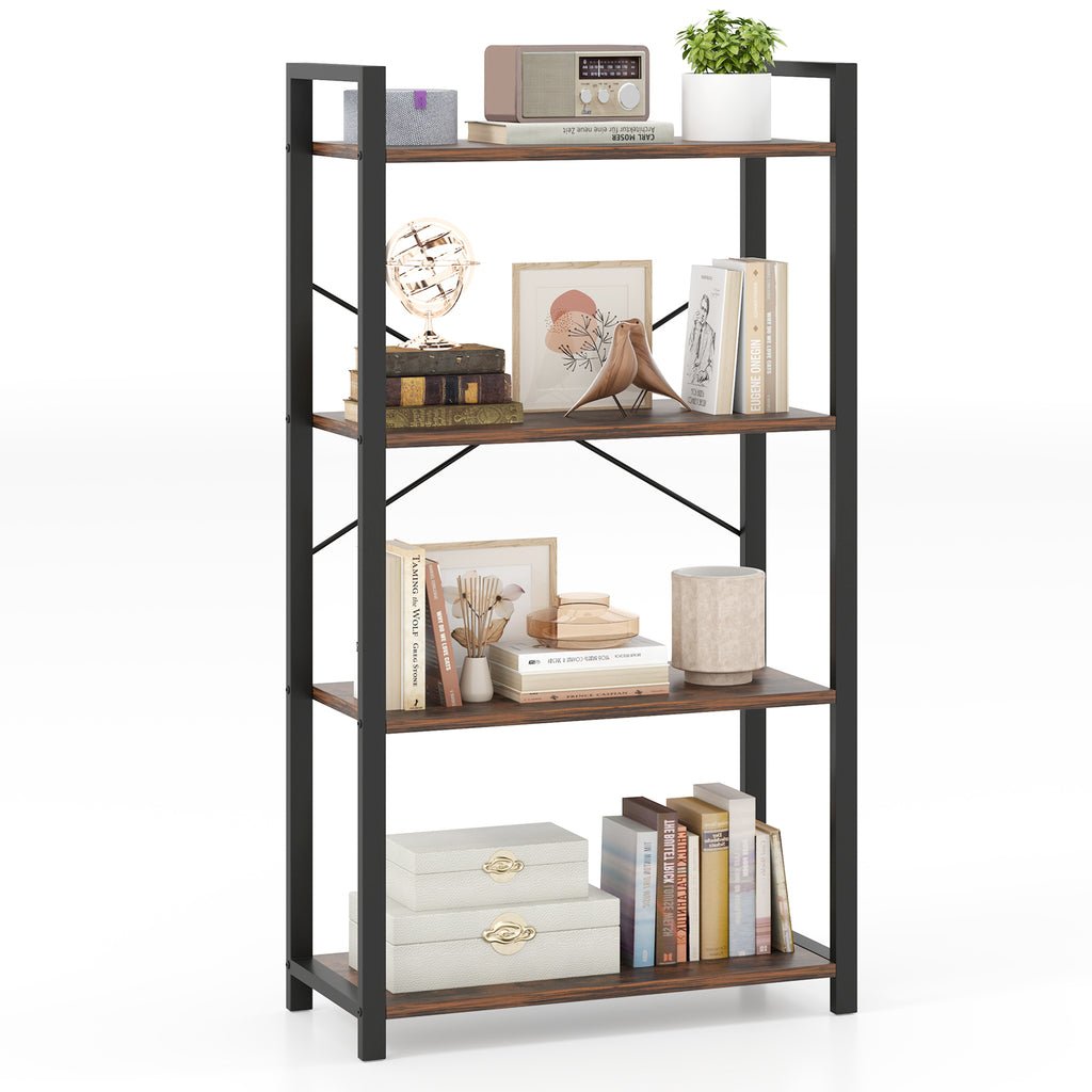 4-Tier Industrial Bookshelf with Metal Frame, 47 Inch - Rustic Brown