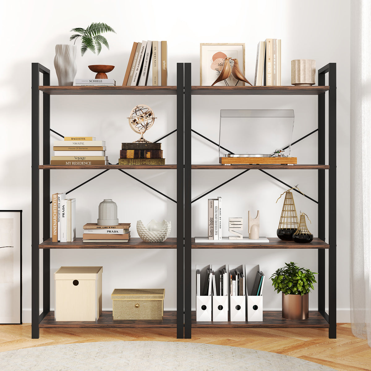 4-Tier Industrial Bookshelf with Metal Frame, 47 Inch - Rustic Brown