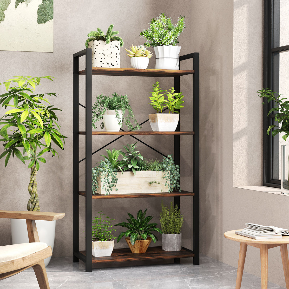 4-Tier Industrial Bookshelf with Metal Frame, 47 Inch - Rustic Brown