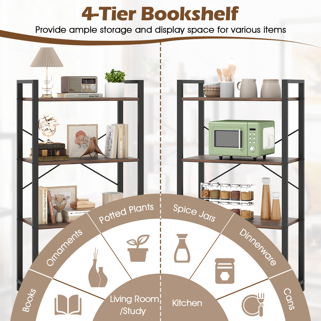 4-Tier Industrial Bookshelf with Metal Frame, 47 Inch - Rustic Brown