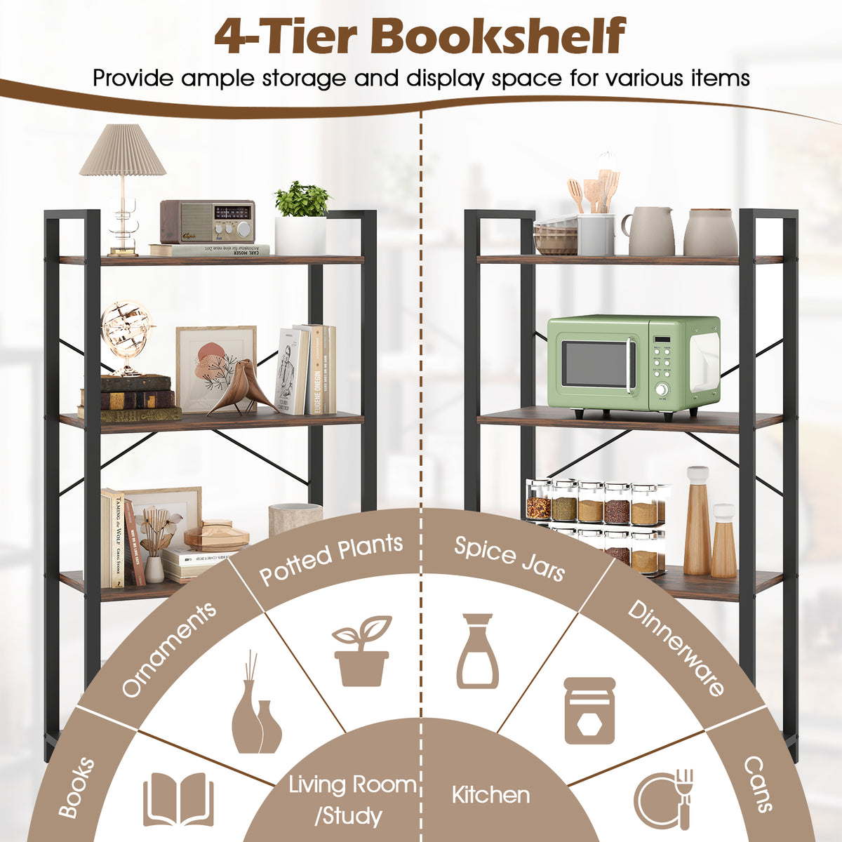 4-Tier Industrial Bookshelf with Metal Frame, 47 Inch - Rustic Brown