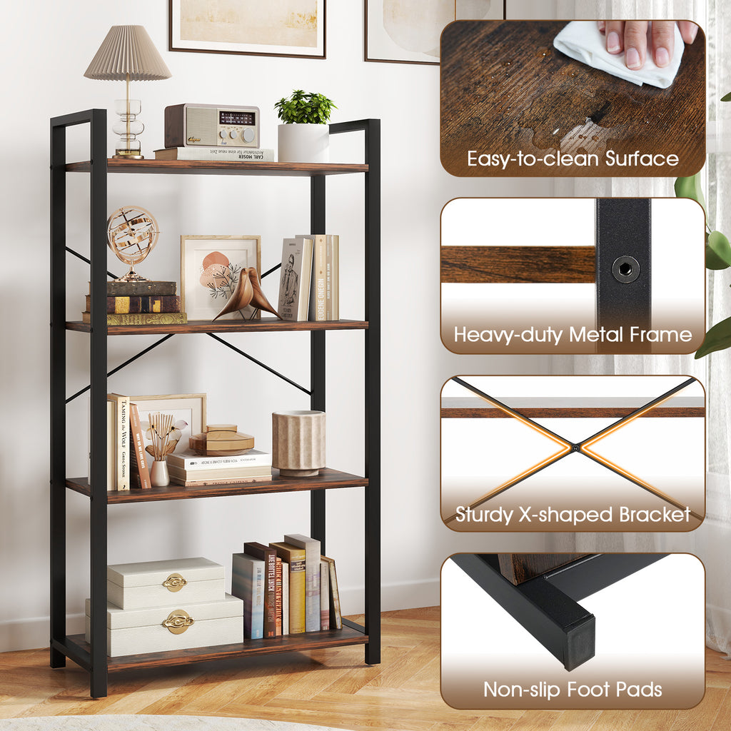 4-Tier Industrial Bookshelf with Metal Frame, 47 Inch - Rustic Brown