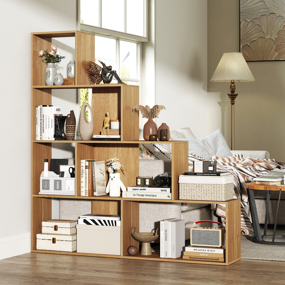 4-Tier Stepped Bookshelf with 6 Storage Cubes - Natural