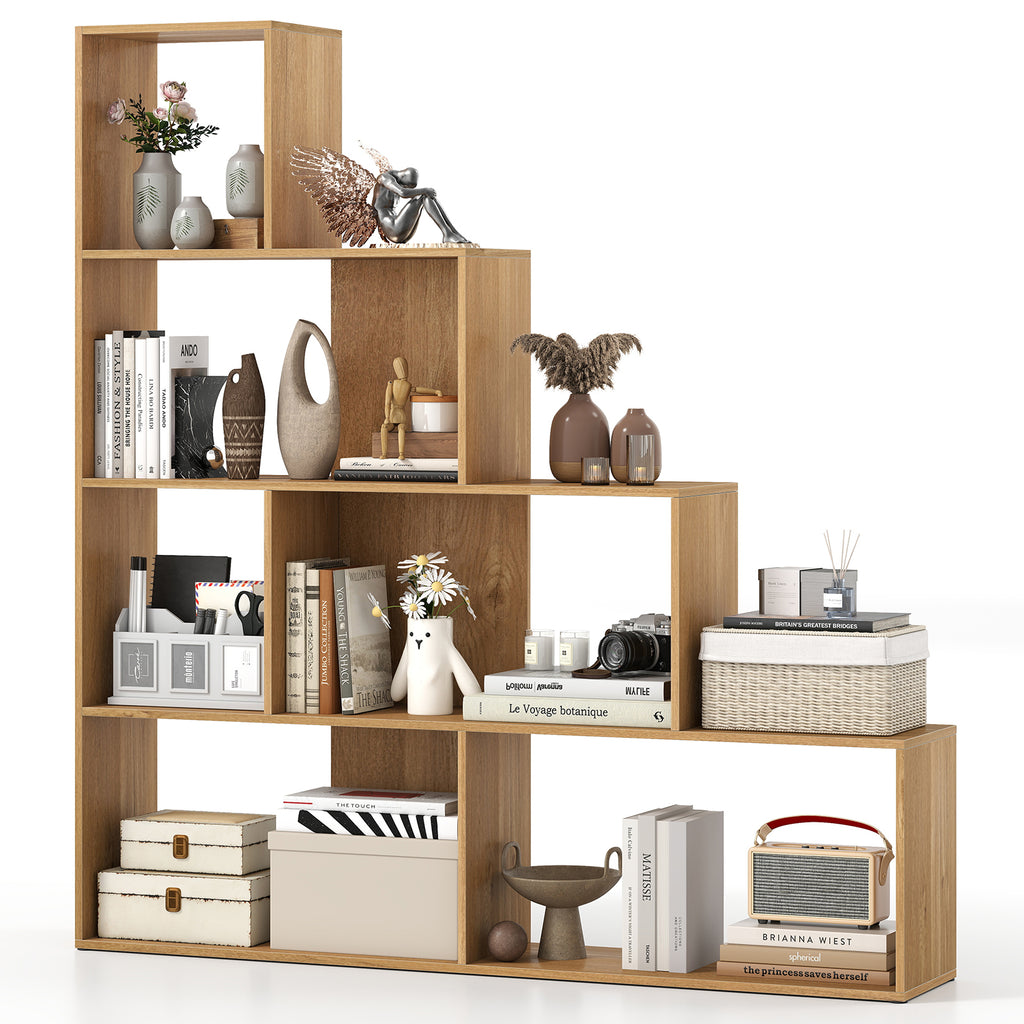 4-Tier Stepped Bookshelf with 6 Storage Cubes - Natural