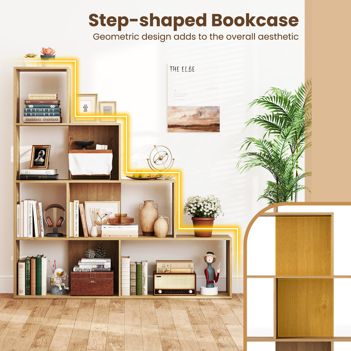 4-Tier Stepped Bookshelf with 6 Storage Cubes - Natural