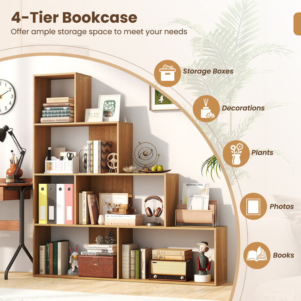 4-Tier Stepped Bookshelf with 6 Storage Cubes - Natural