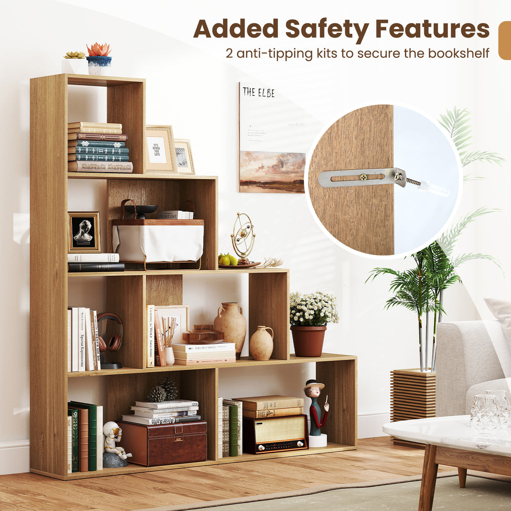 4-Tier Stepped Bookshelf with 6 Storage Cubes - Natural