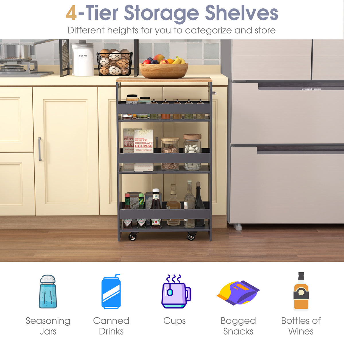 4-Tier Rolling Storage Cart with Open Shelves - Gray
