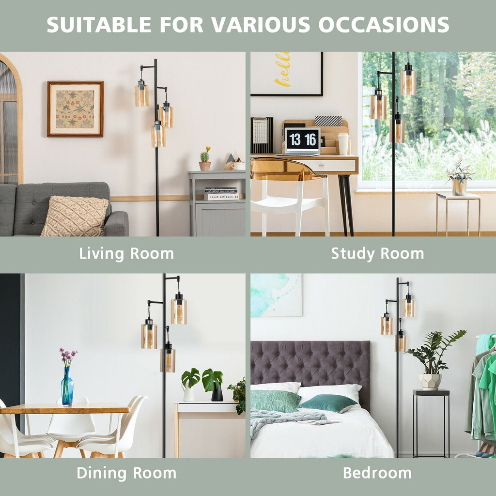 Retro Floor Lamp with 3-Head Hanging Amber Glass Shade - Stable Iron Base, Foot Switch