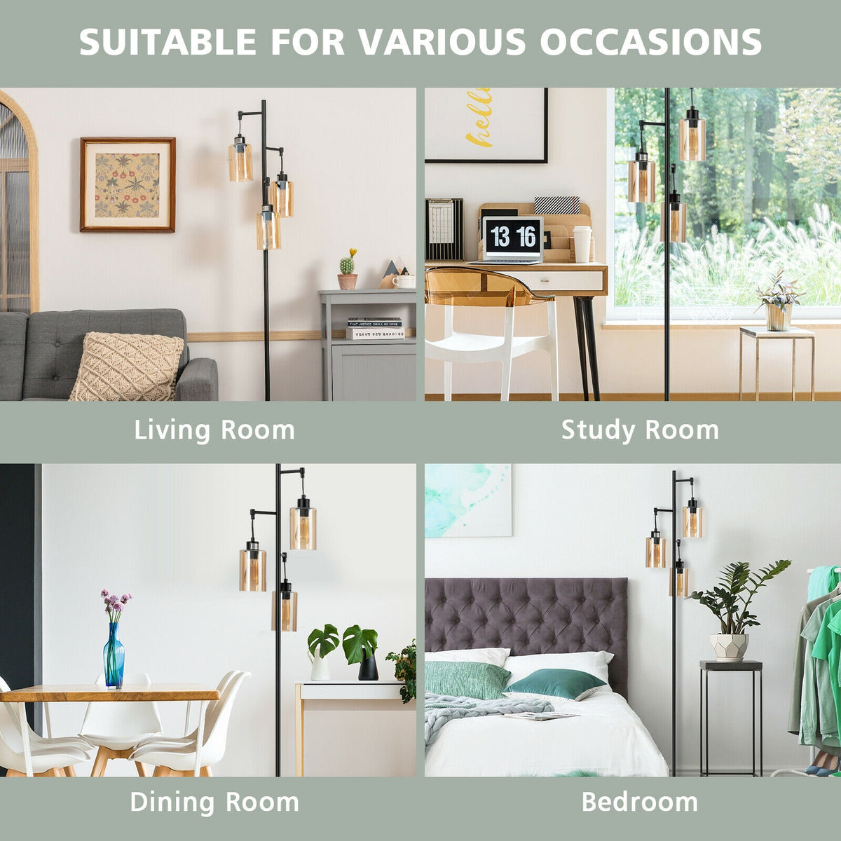 Retro Floor Lamp with 3-Head Hanging Amber Glass Shade - Stable Iron Base, Foot Switch