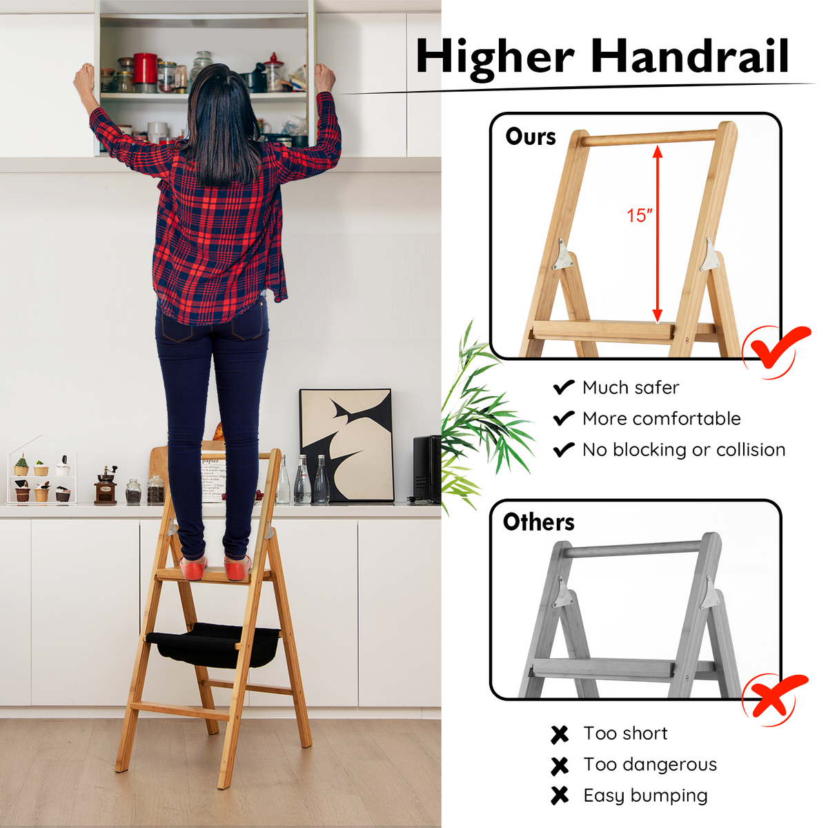 3 Step Foldable Bamboo Ladder Stool with Tool Storage Bag