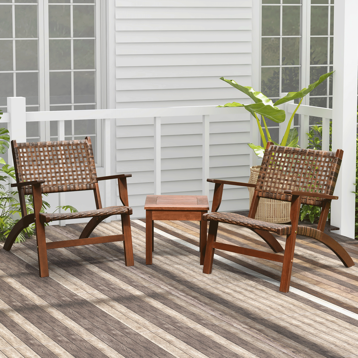 3-Piece Outdoor Patio Bistro Set - Wooden & Rattan