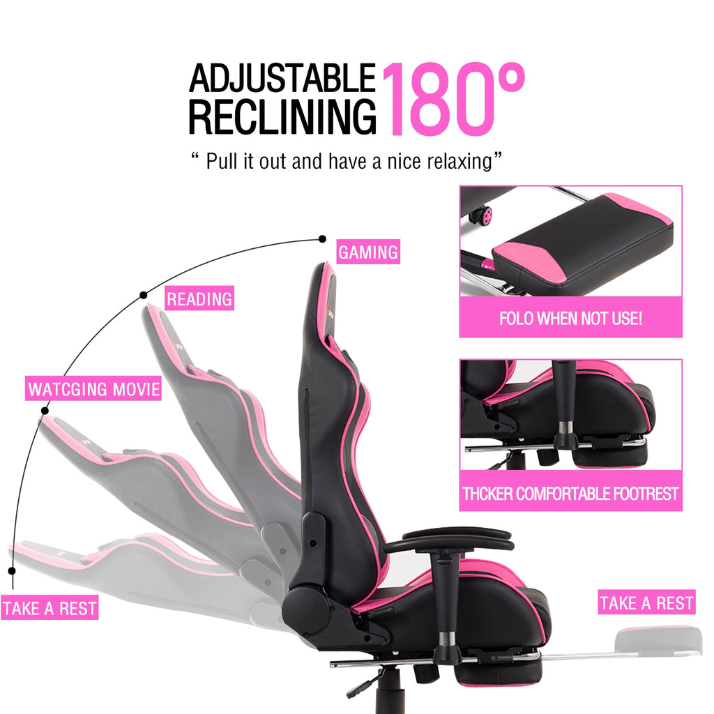 Massage Gaming Chair with Footrest - Pink
