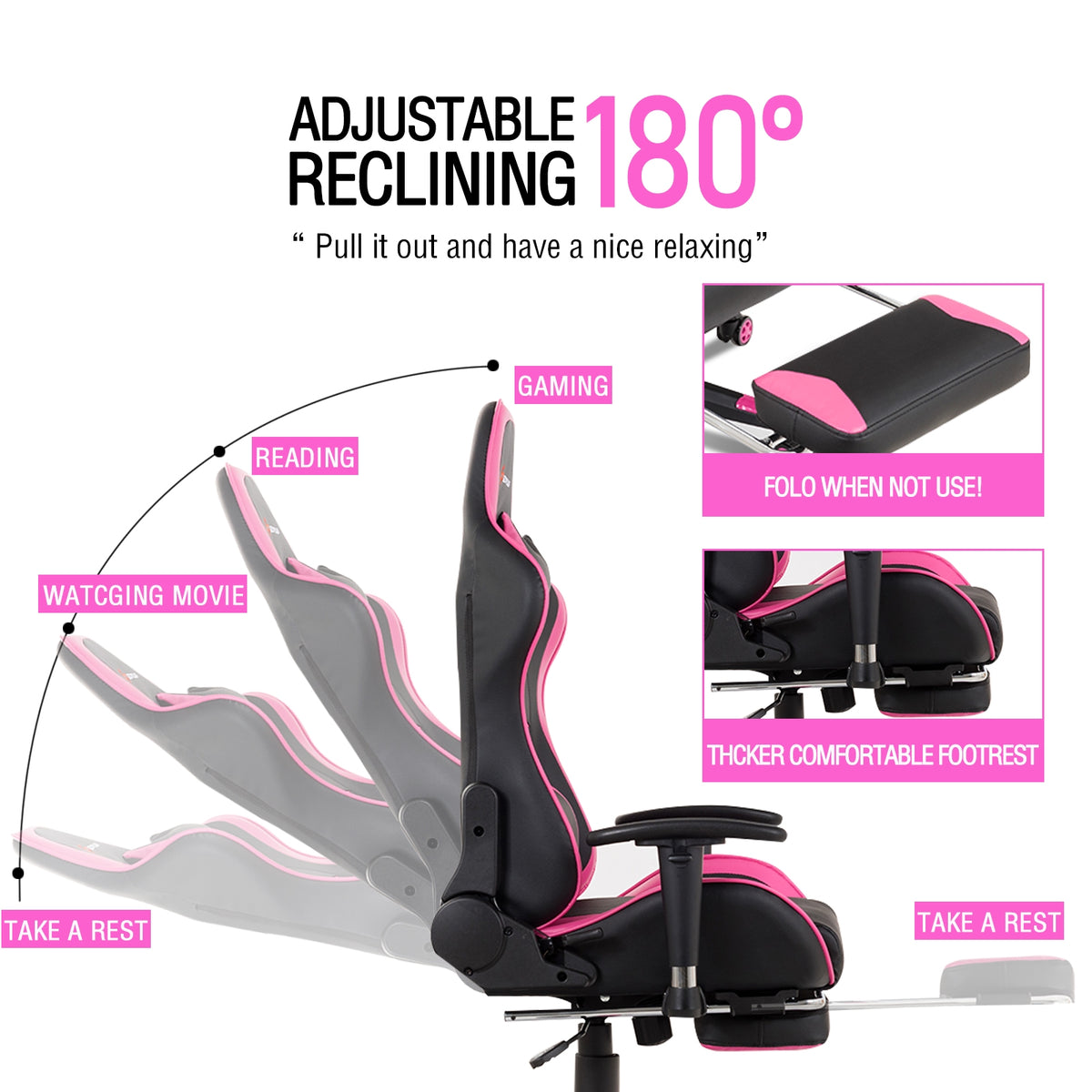 Massage Gaming Chair with Footrest - Pink