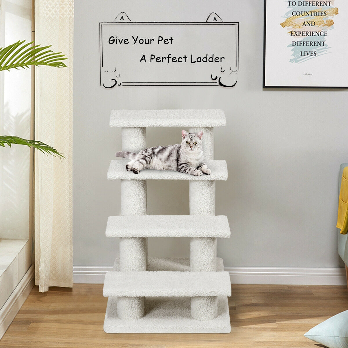 24 Inch Beige 4-Step Pet Stairs with Carpeted Climber & Scratching Posts