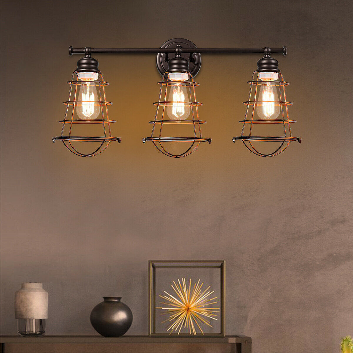 3-Light Bathroom Vanity Lamp Fixture with Metal Wire Cage - Retro Industrial Style