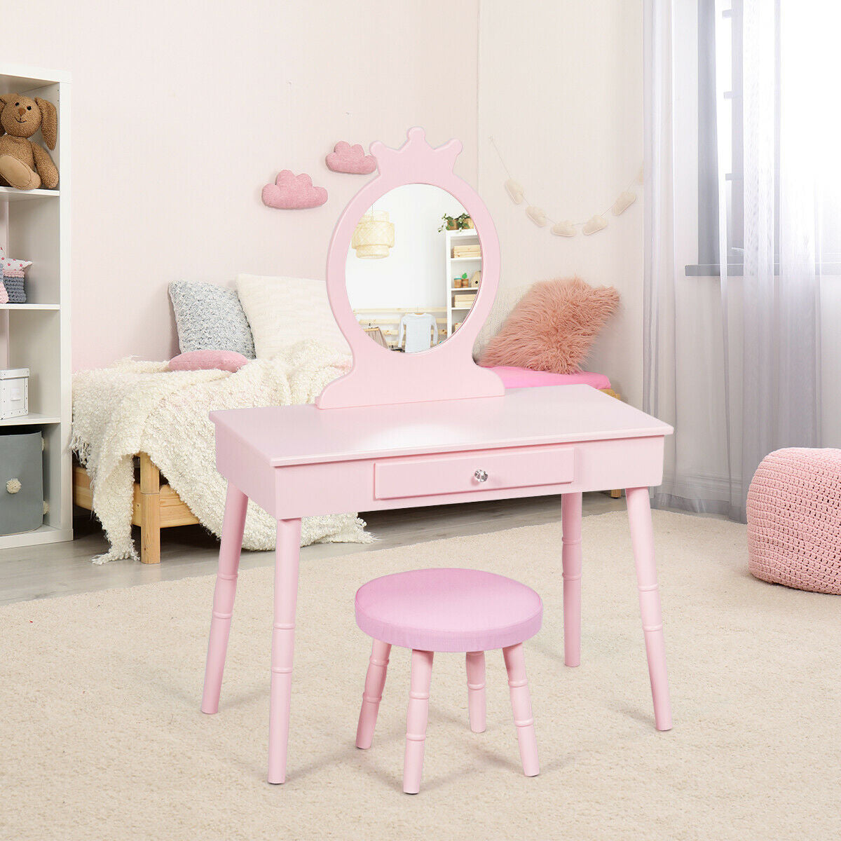 Kids Wooden Princess Makeup Table with Cushioned Stool & Round Mirror - Pink Variation