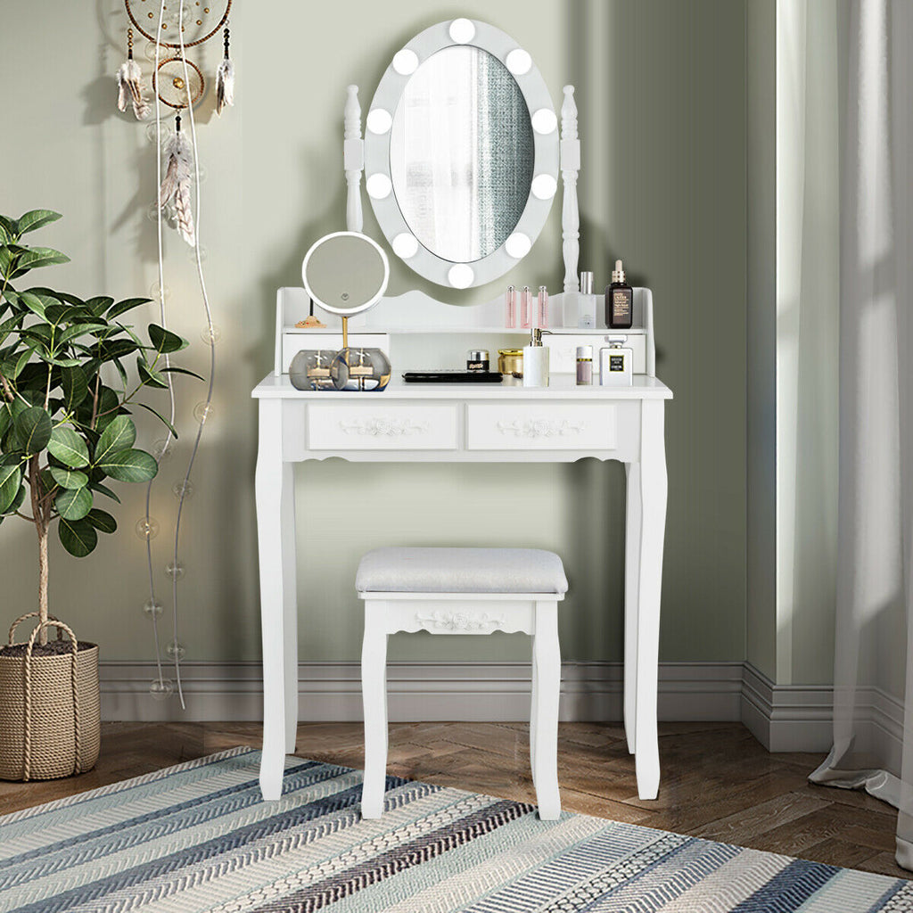 Makeup Dressing Table with Lighted Mirror & Stool - White