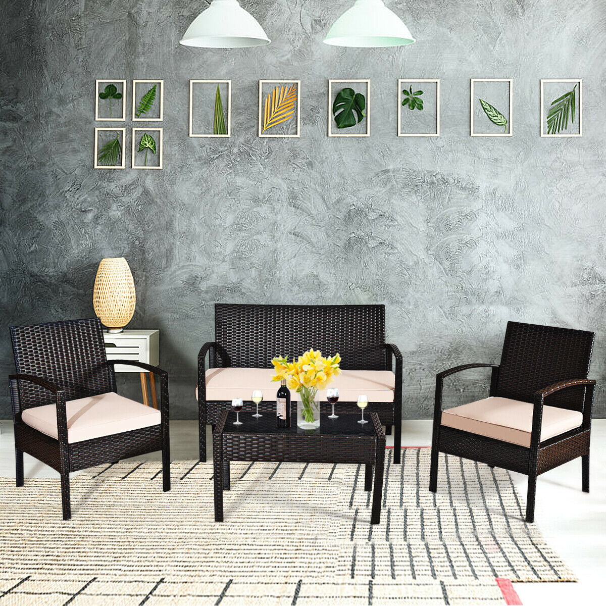 4-Piece Patio Rattan Conversation Set with Loveseat & Coffee Table