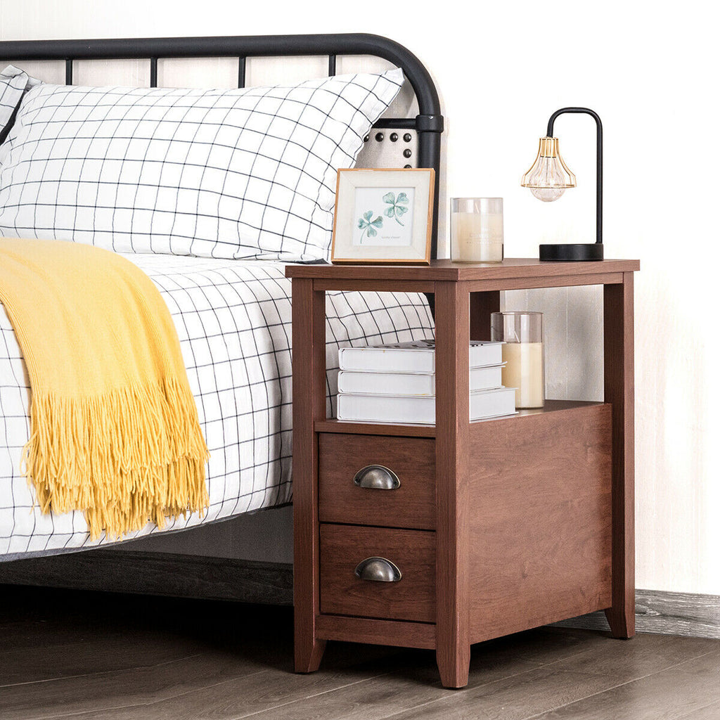 Rectangular Nightstand with 2 Drawers & Shelf, Brown