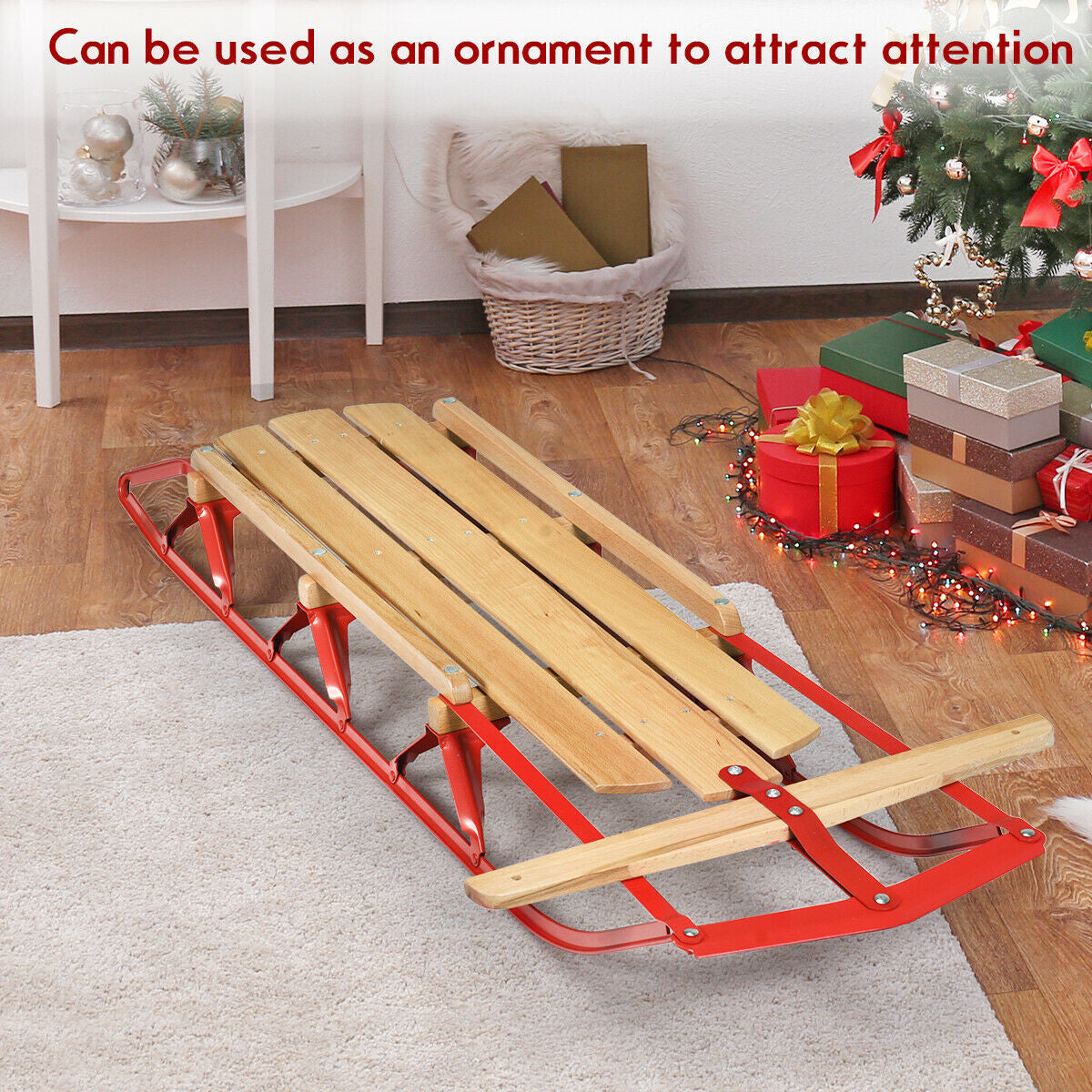 Red 54 Inch Wooden Snow Sled with Metal Runners & Steering Bar - Kids & Adults