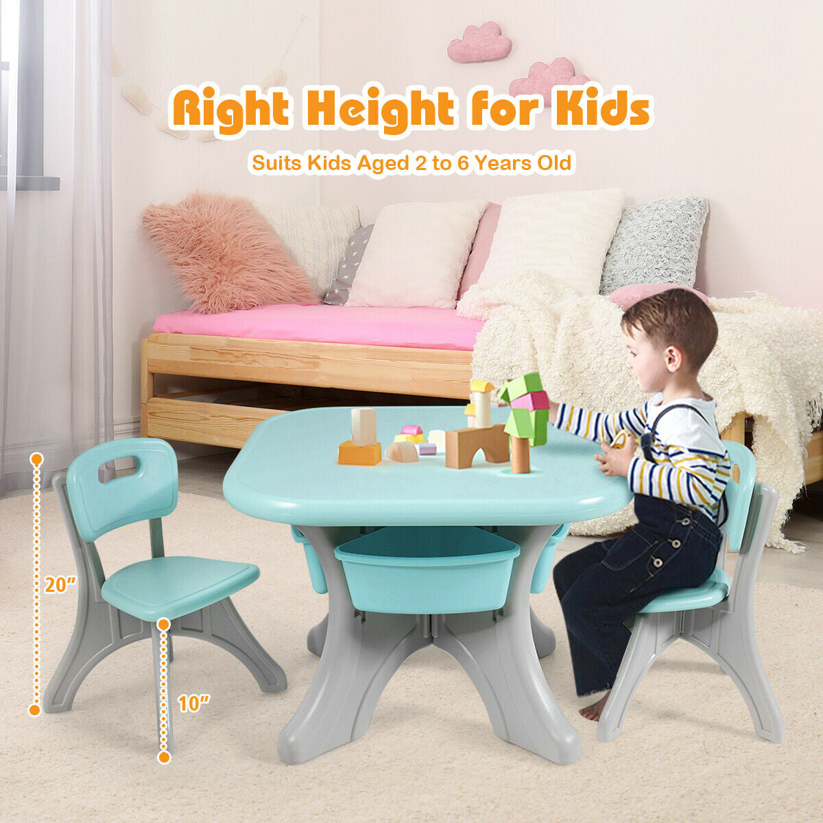 Kids Activity Table and Chair Set with Storage - Blue, Durable Plastic Play Furniture
