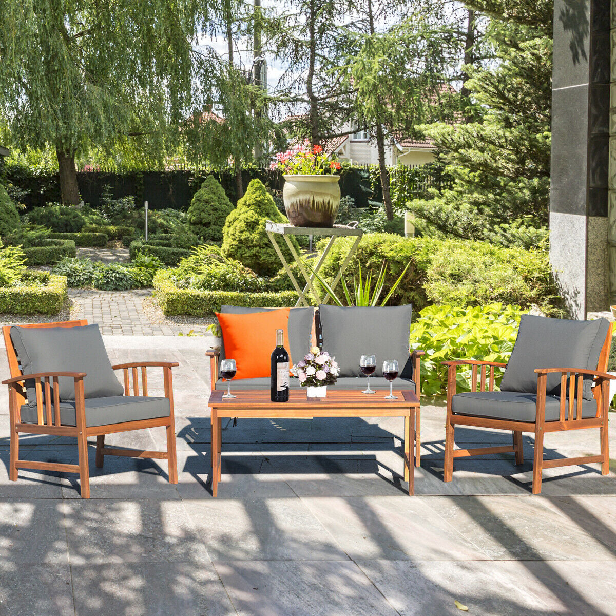 4-Piece Wooden Patio Sofa Set with Cushions - Gray